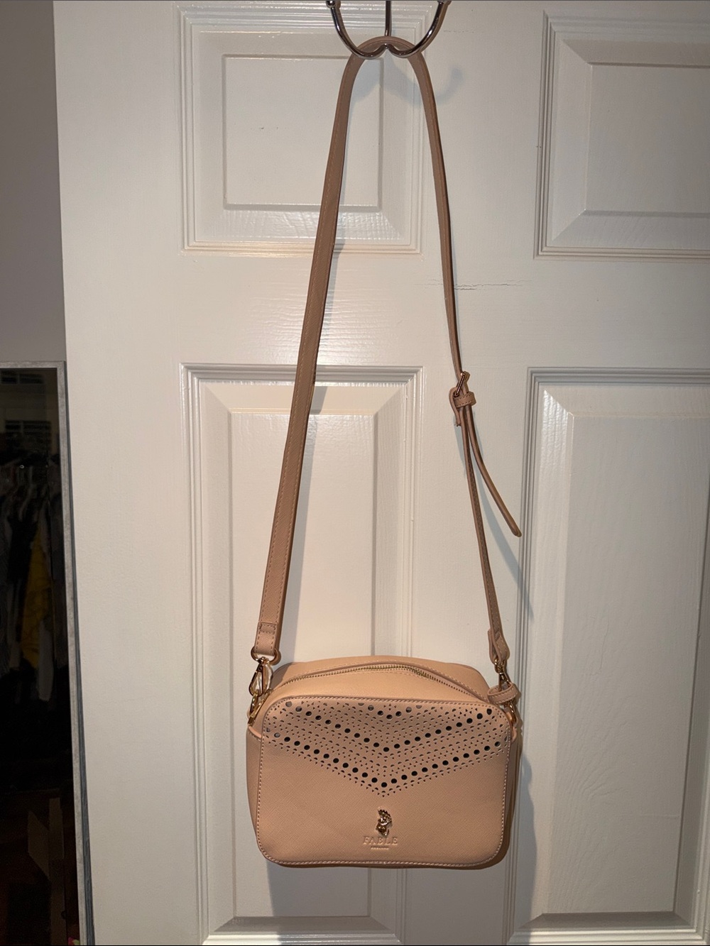 Pebbled Crossbody Bag with Perforated Detail in Nude